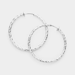 Silver Clip On Hoop Earrings 1.75" Casual Simple Style Textured Jewelry